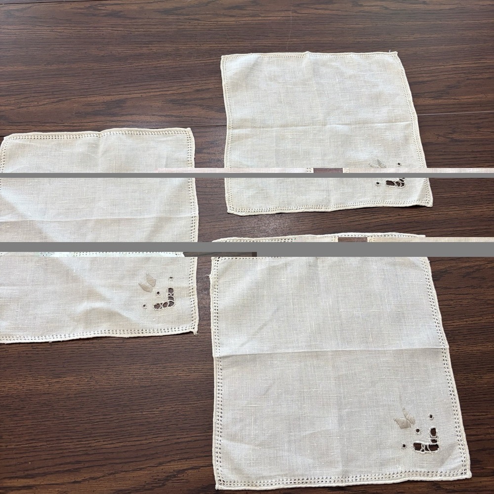 Vintage Ivory Linen Napkins Set Of 3 Gray Cutwork Embroidered 11x11 Cottage